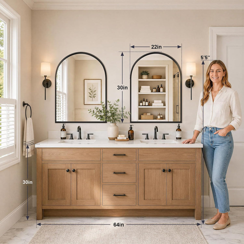 Arched Bathroom Mirrors Set of 2, 22x30 Black Rust-Resistant Metal Frame Vani...
