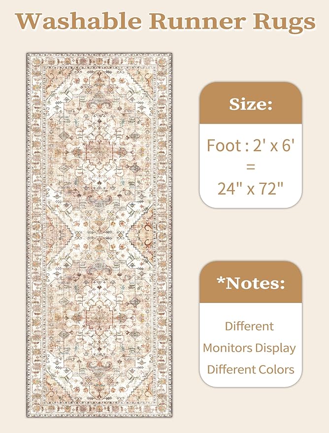 SERISSA Boho Washable Runner Rug, 2x6 Rug Non-Slip Vintage Peach Cream Hallway - Image 6