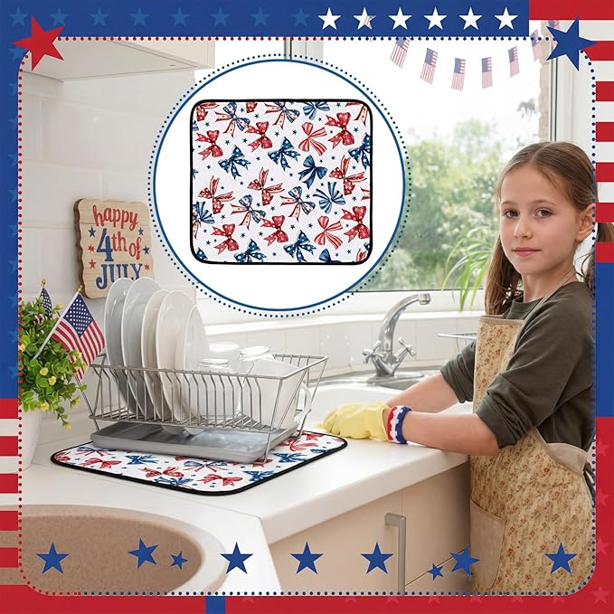 Breling Patriotic Dish Drying Mat 4th of July Kitchen Drying Mat 16 x 18 Inch - Image 2