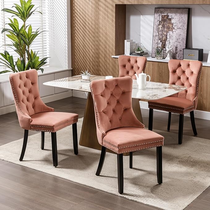Modern Dining Chairs Set of 2, Tufted Upholstered Dining Chair with Solid Woo...