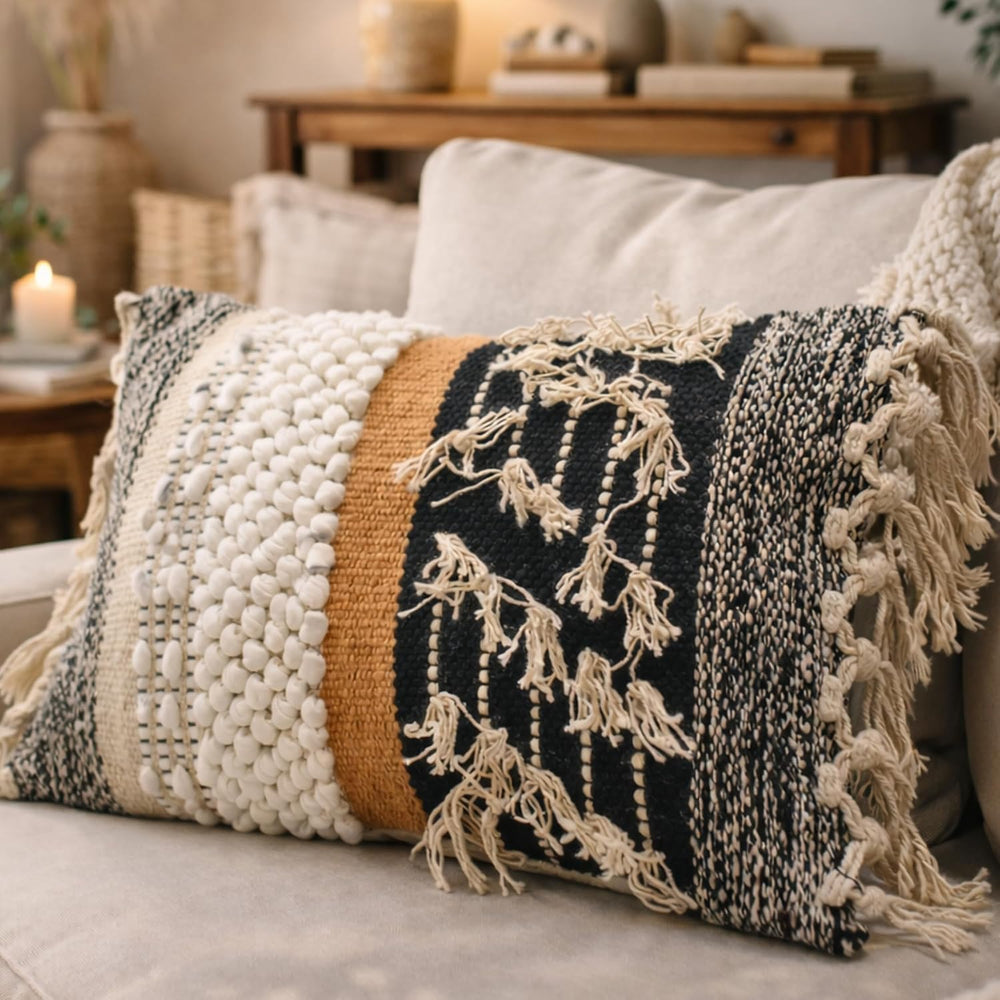 Boho Lumbar Pillow Cover 12x20, Handwoven Textured Cotton Throw Pillow Cover ...