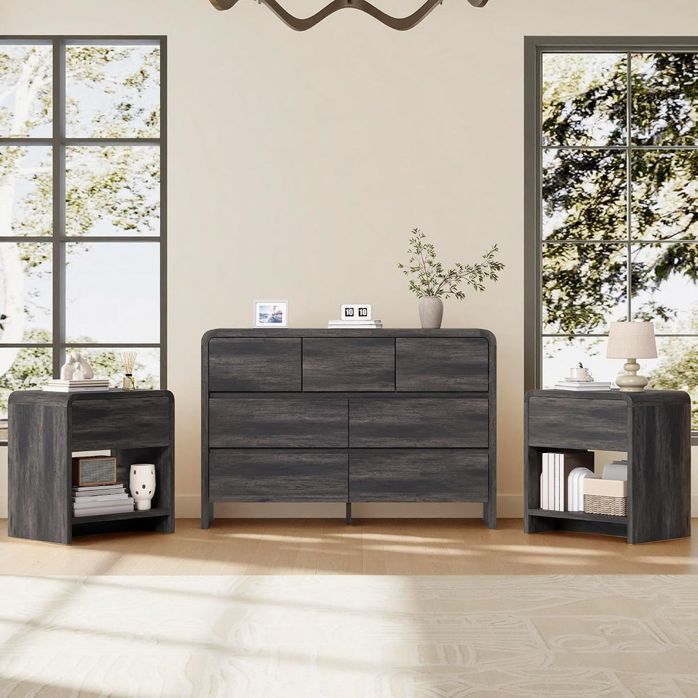 AMERLIFE Modern 3-Piece Bedroom Furniture Set with 7-Drawer Dresser and 2 Nig...