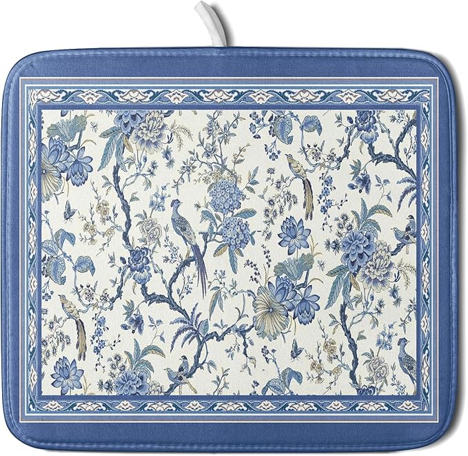 Giwawa Chinoiserie Dish Drying Mat 16x18in Blue White Oriental Floral Birds by Giwawa
