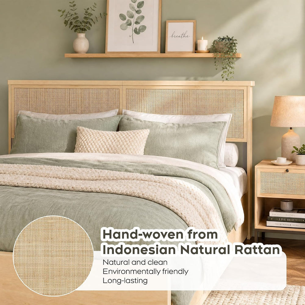 Queen Bed Frame with Natural Rattan Headboard and Wooden 4 Storage Drawers, M...