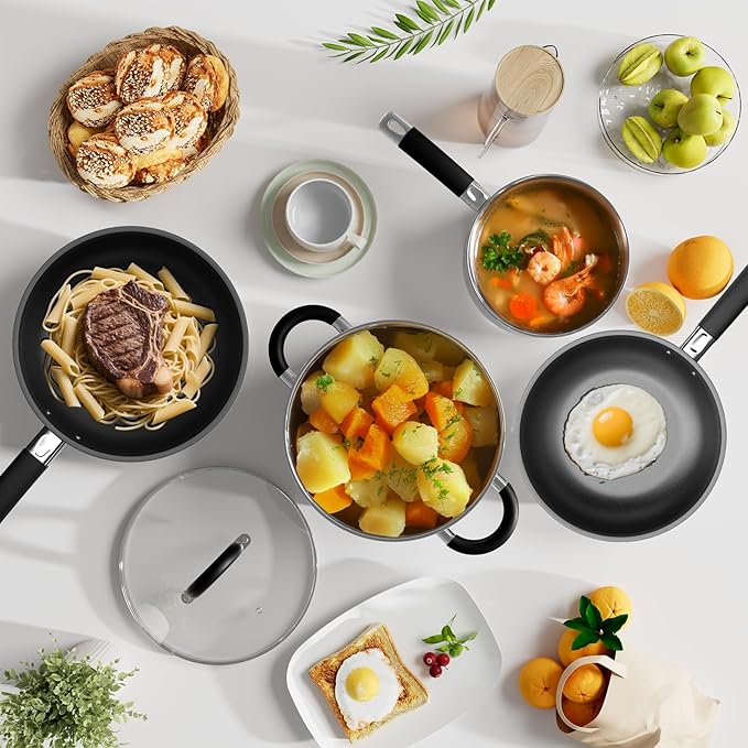 Pots and Pans Set Non Stick, 5 Ply Stainless Steel Cookware Set of 6, 2.8QT