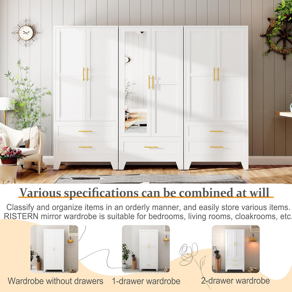 RIETERN Metal Armoire Wardrobe Closet, 71" Bedroom Closet with Mirror White
