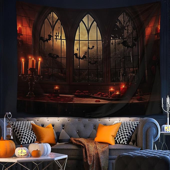 QGHOT Halloween Tapestry Wall Hanging Horror Castle Window Tapestry Gothic Sp...