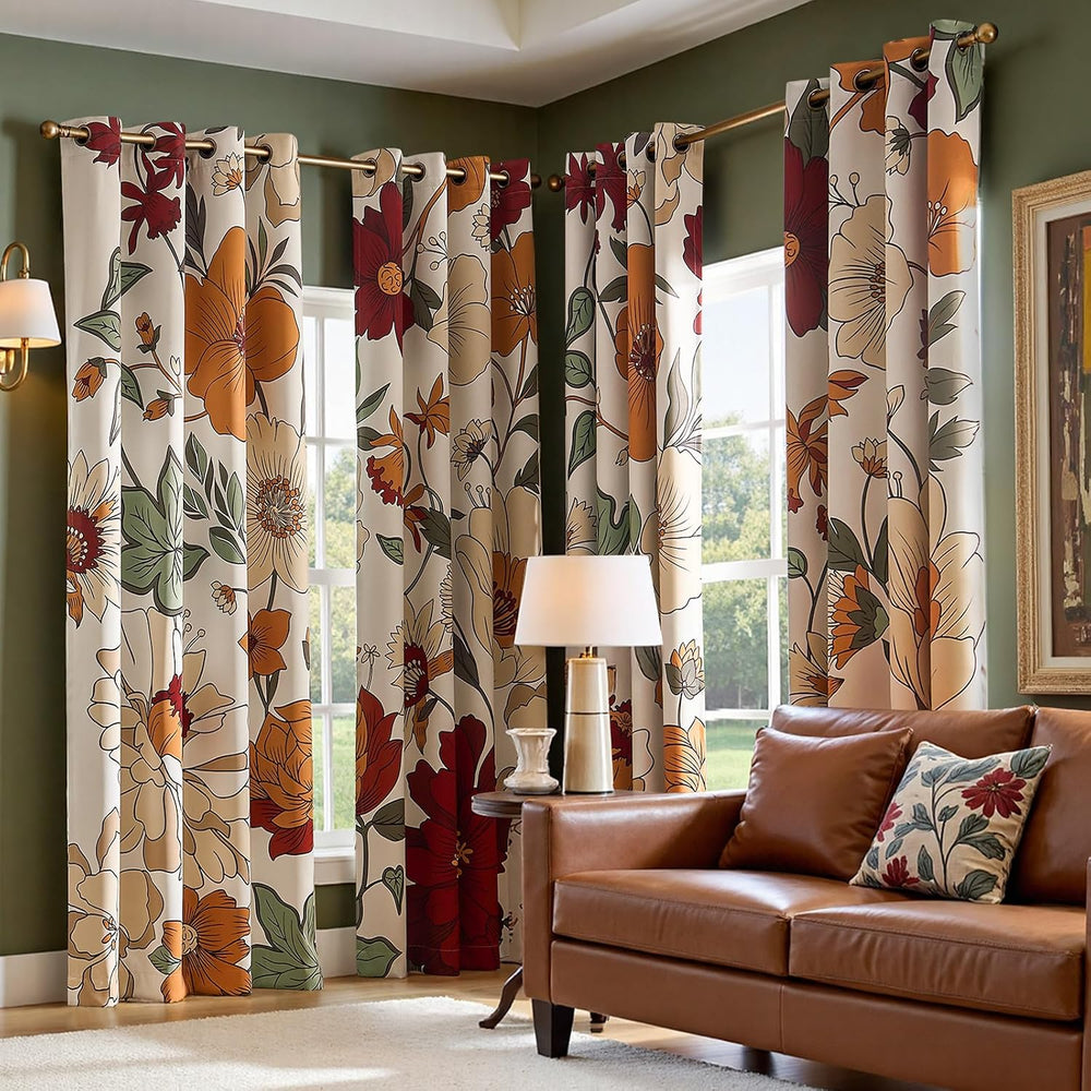 jinchan Beige Boho Floral Blackout Curtains 84 Inch Grommet 2 Panels