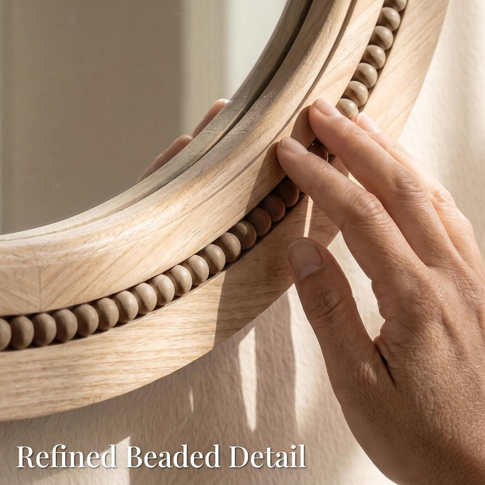 Solid Wood 30 Inch Round Beaded Vanity Wall Mirror, Natural Wood