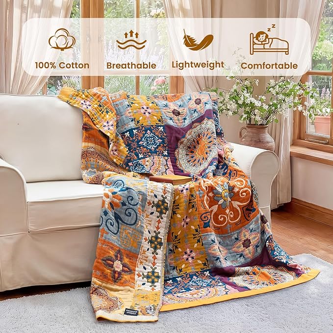 MSGKV Boho Throw Blanket for Bed 90"x108" 100% Cotton Blanket Spring Breathable - Image 2