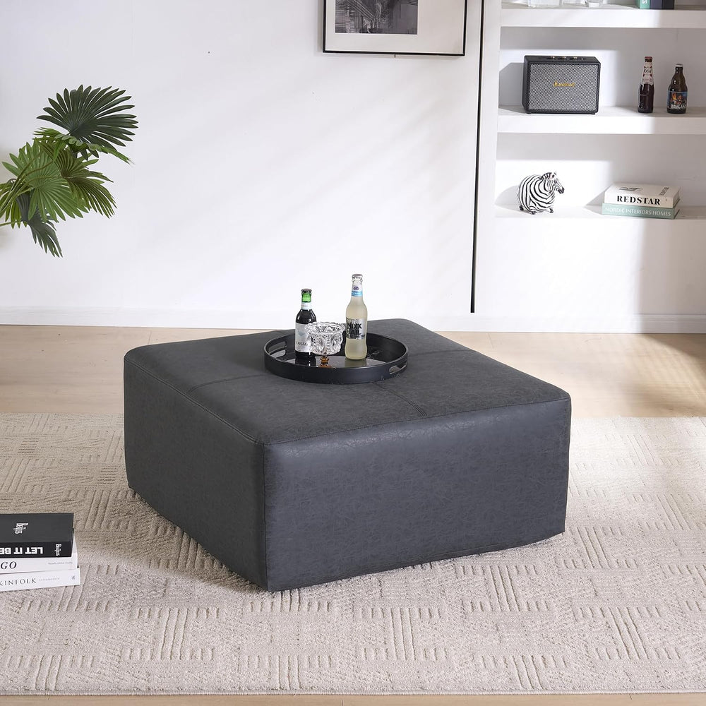 35" Faux Leather Large Square Ottoman Coffee Table for Living Room, Black
