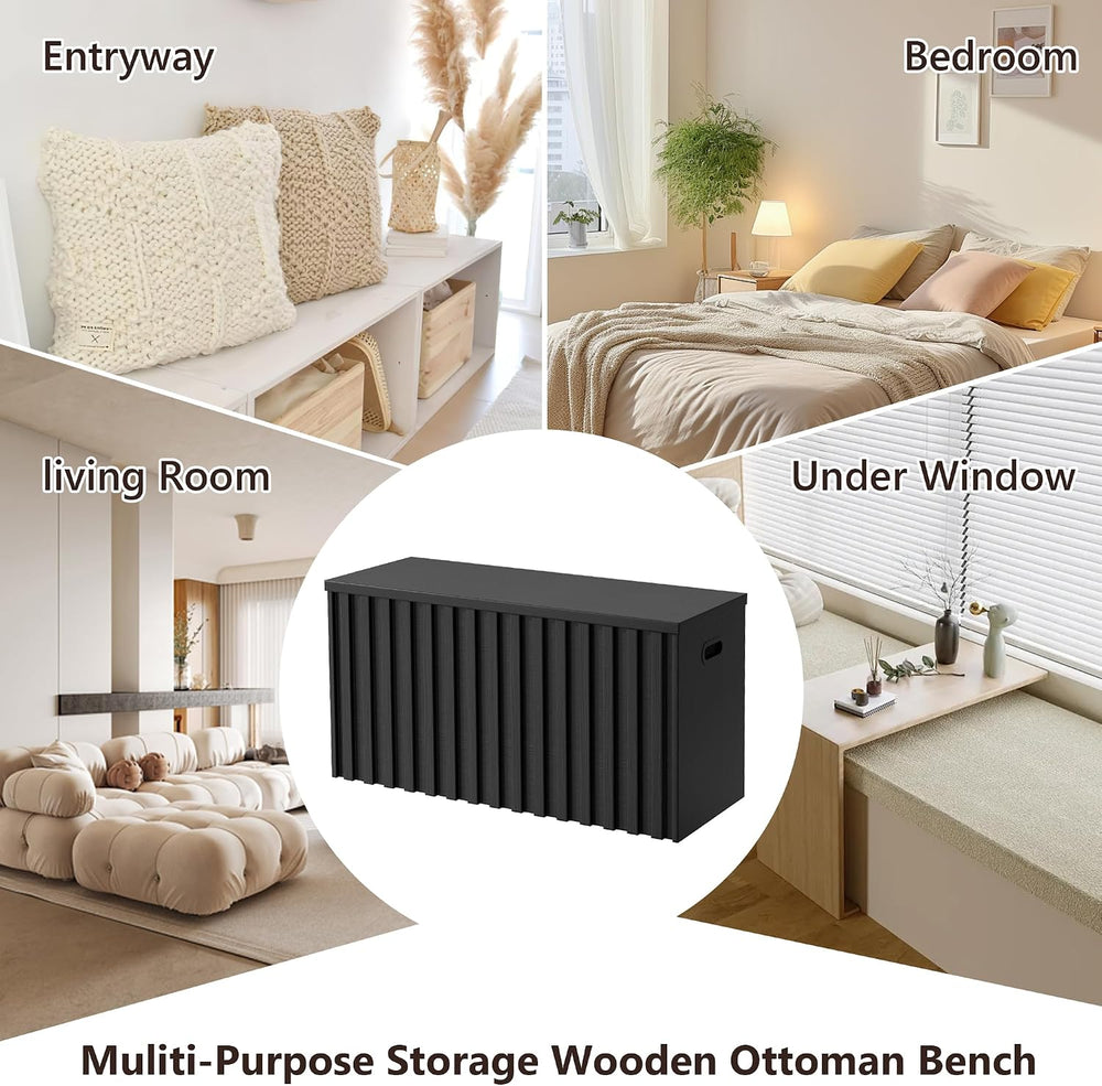 UEV Black Storage Bench Set of 2, 39.4" Fluted Wood Storage Trunk with 2...