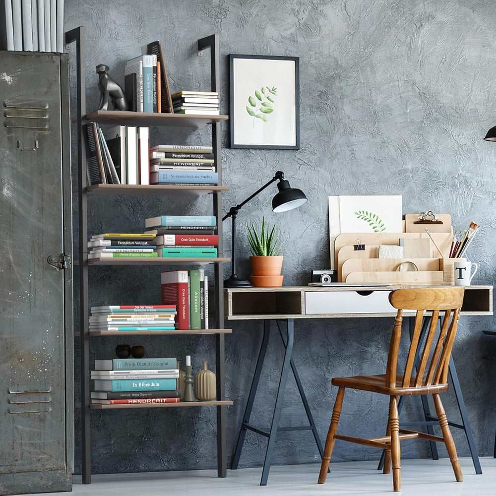Tangkula Industrial Ladder Shelf Against The Wall, 5-Tier Wall Mount Ladder B...