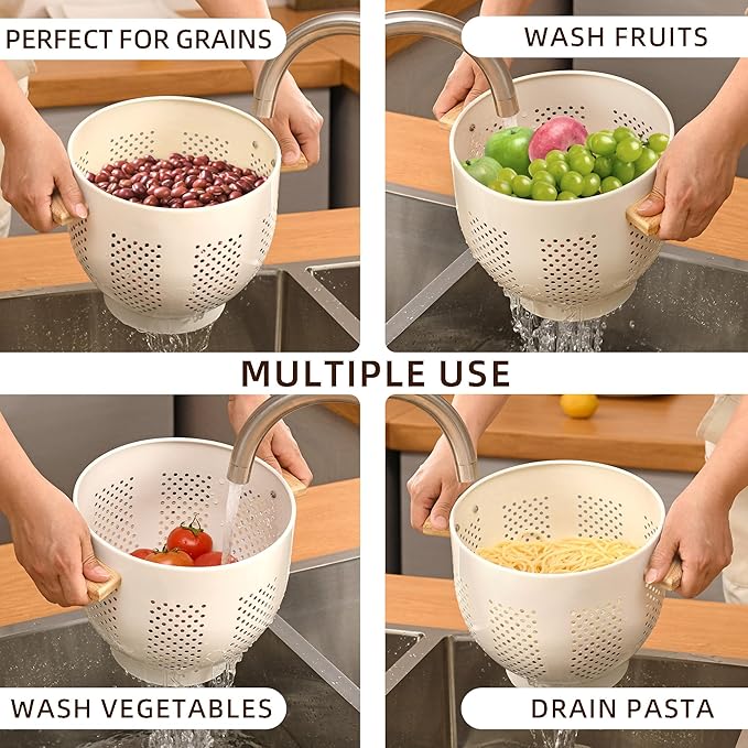 Metal Colander with Wood Handle and Stable Base, Powder Coated Steel Kitchen - Image 6