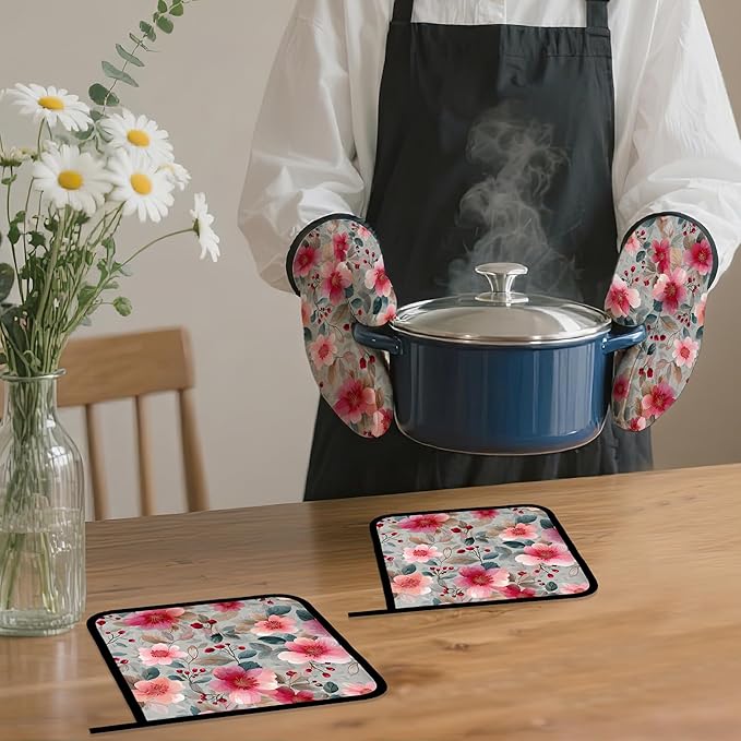 Vintage Pink Cherry Blossoms Oven Mitts and Pot Holders, Heat Resistant Oven - Image 7