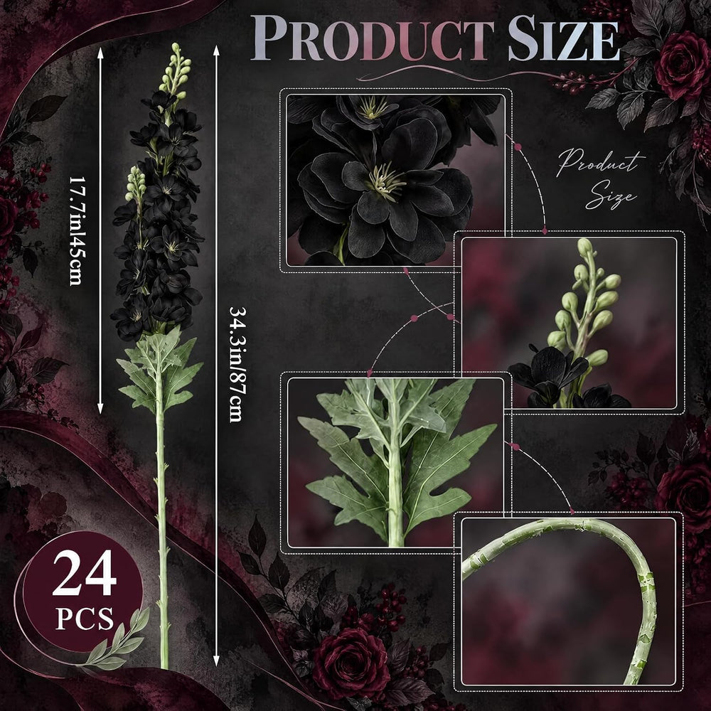 Thiccywoov 24 Pcs Halloween Black Delphinium Artificial Flower Bulk, 34.25"