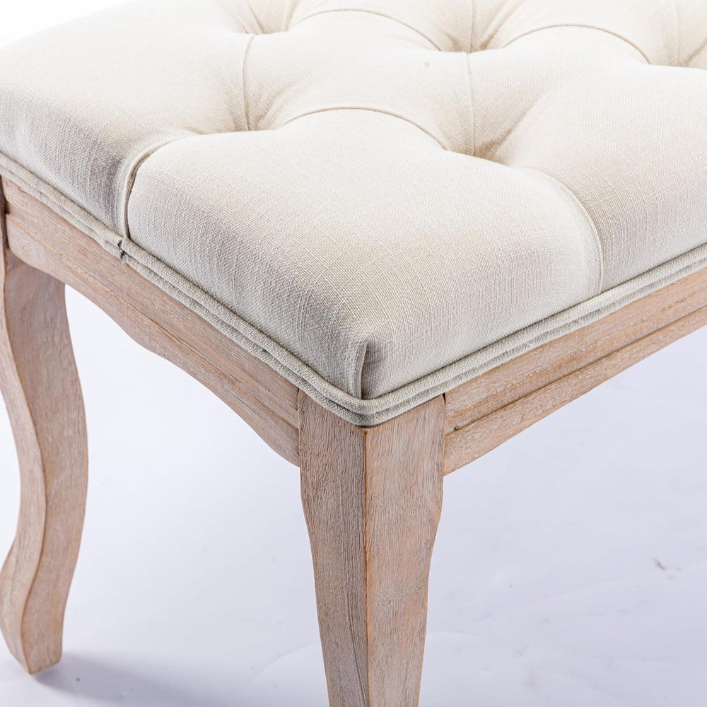 French Country Linen Bedroom Bench with Solid Wood Legs, 43.3" Button-Tu...