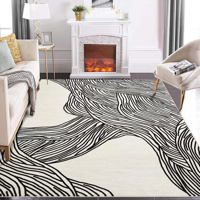GAOMON Area Rug 9x12 Washable Modern Indoor Lines Printed Soft Faux Wool Floor Cover Abstract Aesthetic Foldable Thin Low Pile Non-Slip Accent for Living Room Bedroom Beige