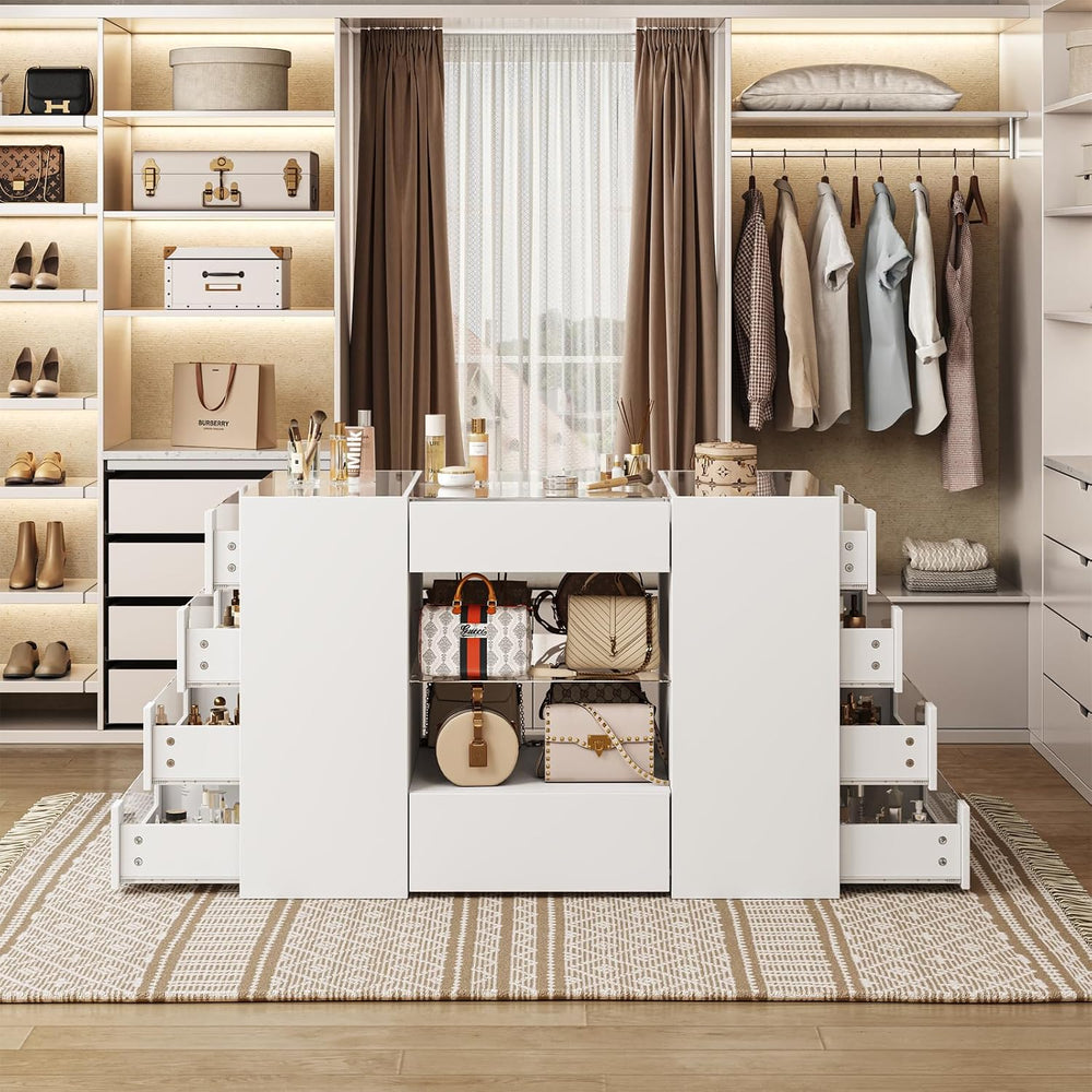 LIVAUVEAD Closet Island with 12 Drawers, Glass Top & Display Shelves, White