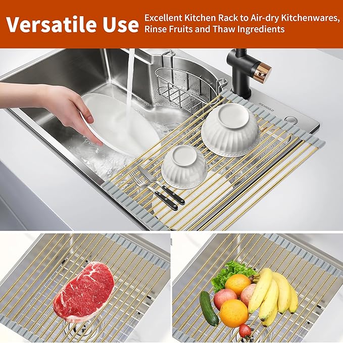 Golden Expandable Roll-UP Dish Drying Rack-Large 304 Stainless Steel Dish - Image 4