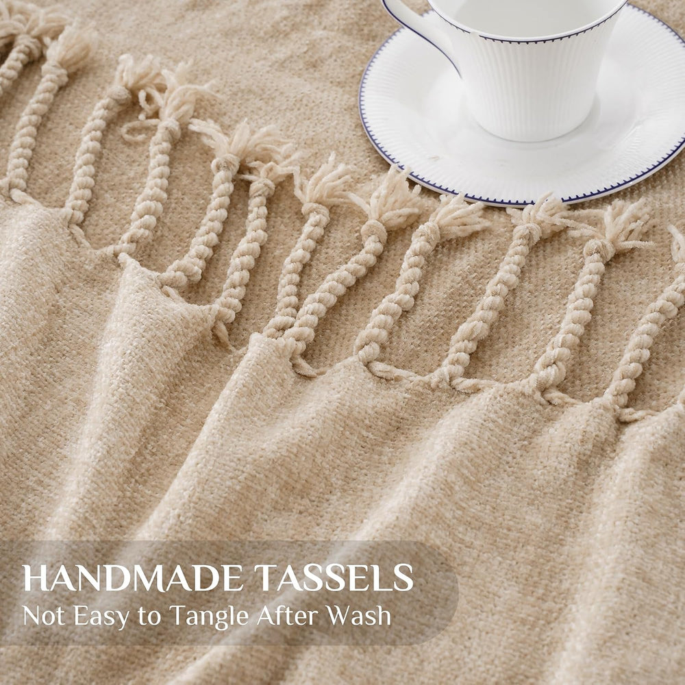 Battilo Beige Chenille Throw Blanket for Couch 50"x60"