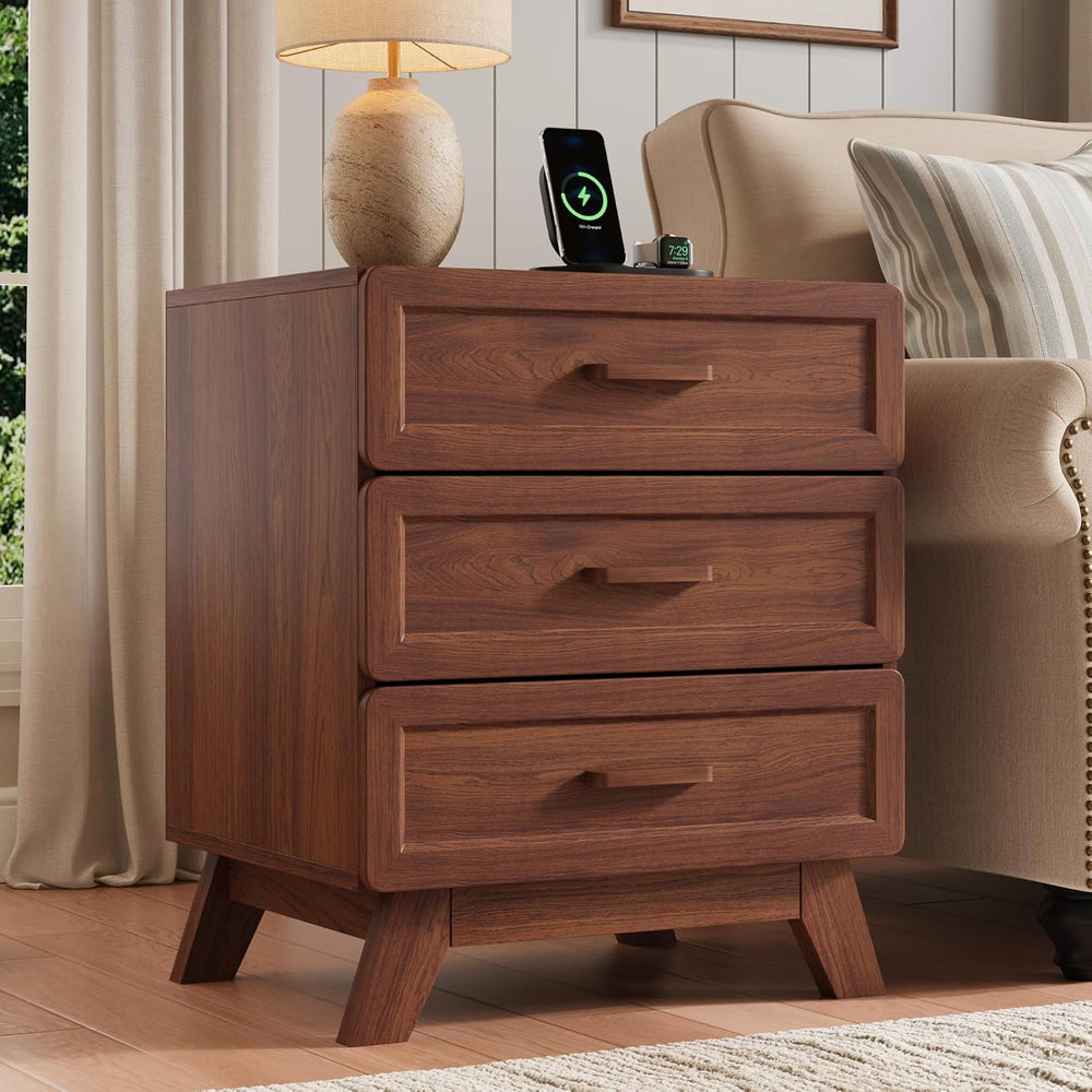 YANSNWO 23.6" Tall Nightstand with Charging Station, 3 Drawers, Walnut