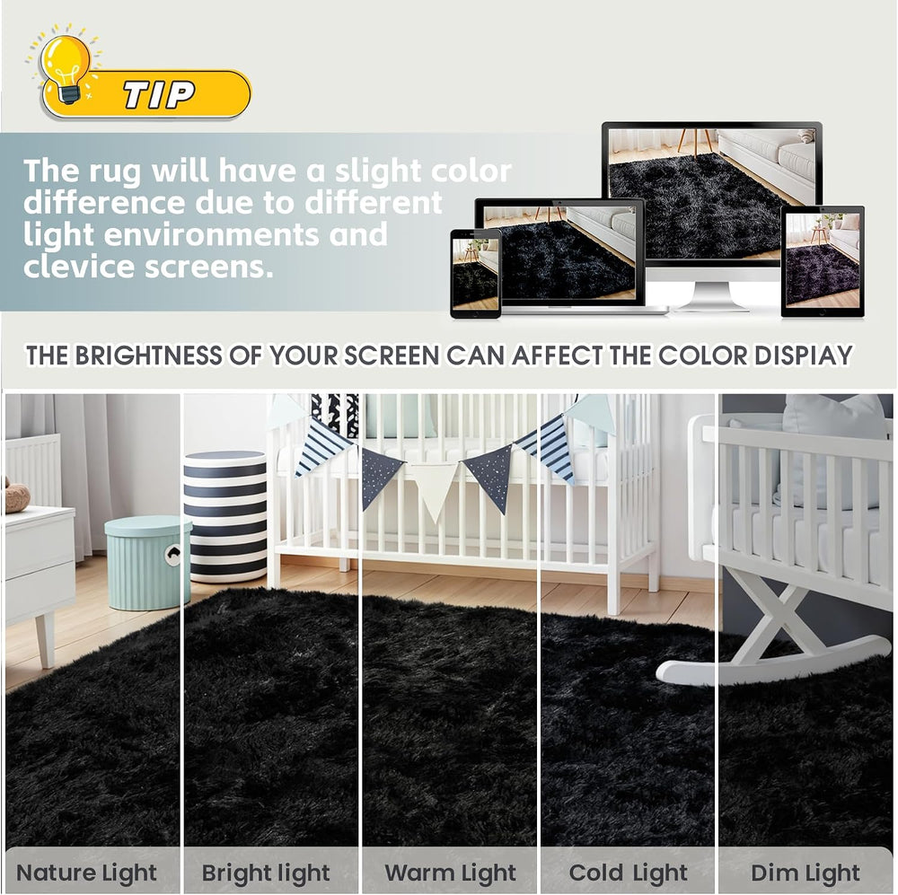 6x9 Black Fluffy Fuzzy Shag Area Rug for Living Room, Bedroom, Dorm Carpet