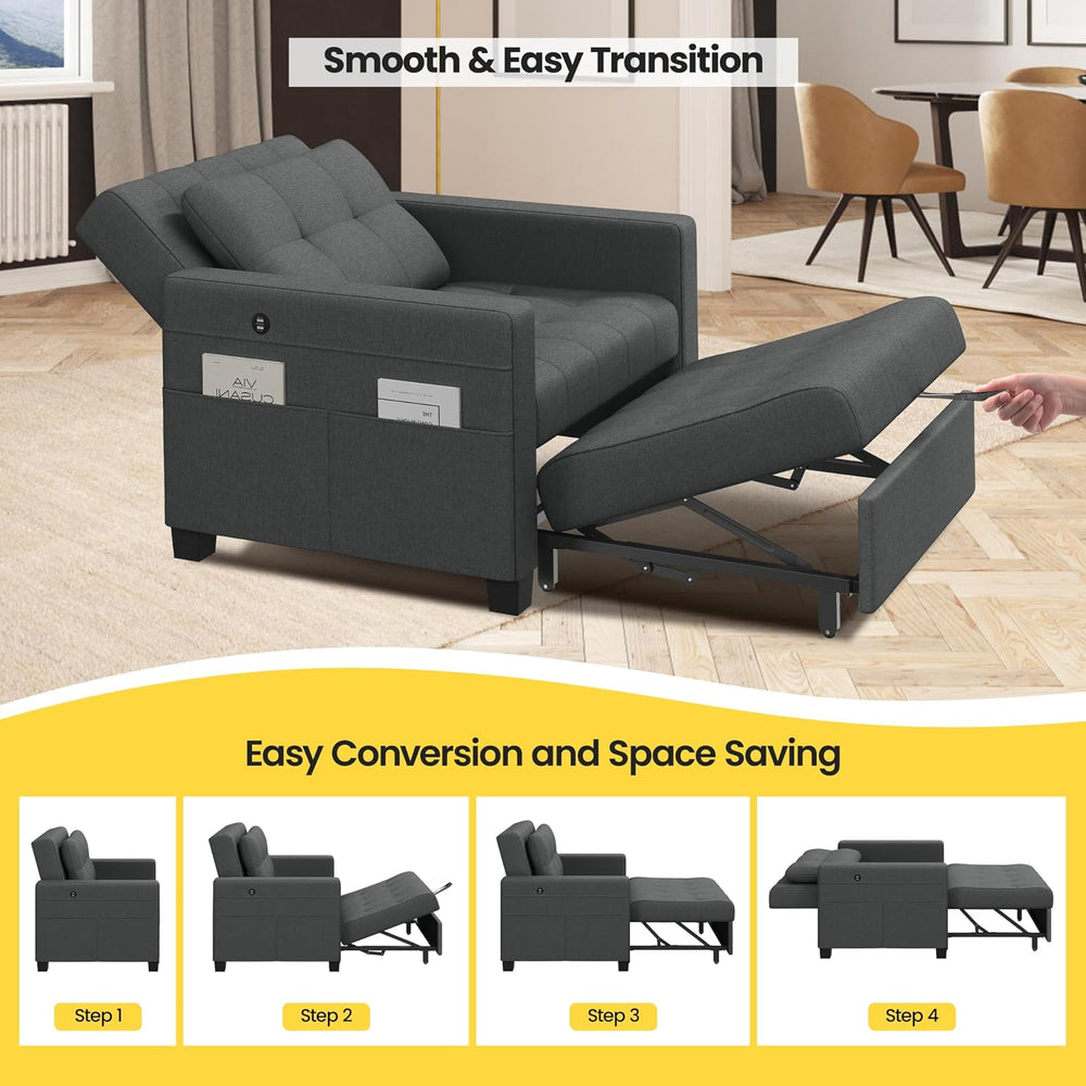 Yaheetech Sleeper Chair, Converts to Bed with USB Ports & Pocket, Dark Gray