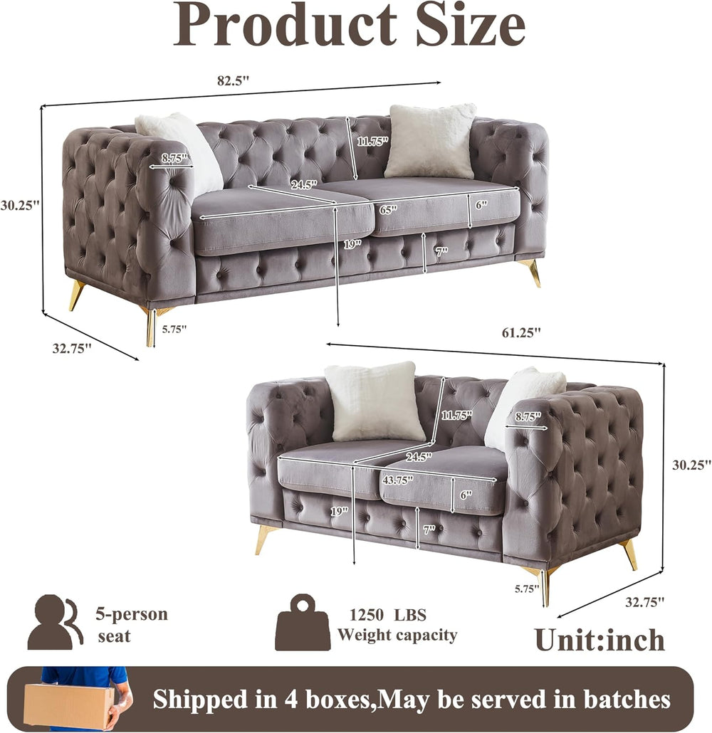 2 Piece Chesterfield Velvet Combination Sofa for Living Room,82.5" 3-Sea...