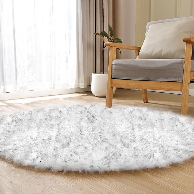 ORINOVA Grey and White Washable Shaggy Round Rug 5ft Circle Faux Sheepskin - Image 9