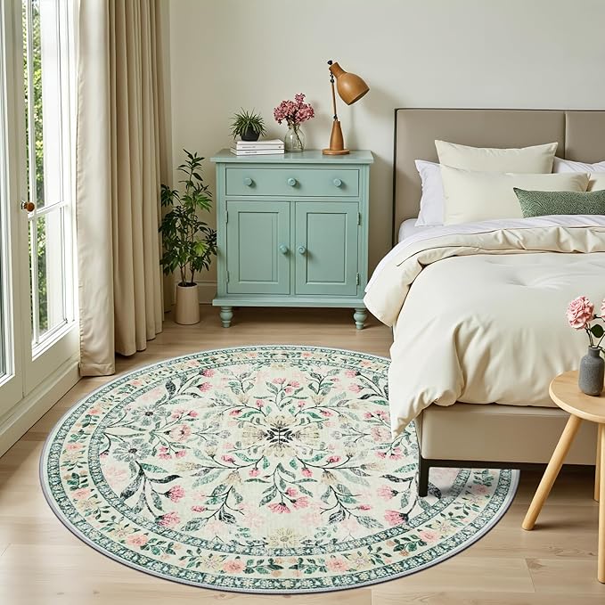 Round Area Rug for Living Room: 6 ft Floral Washable Circle Rug Soft Non-Slip - Image 3