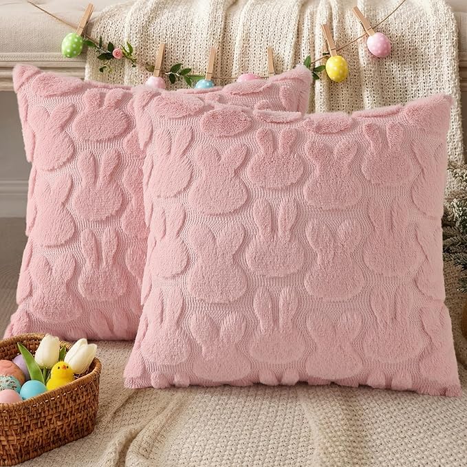 decorUhome Easter Bunny Pillow Covers 16x16 Inch Set of 2, Soft Plush Faux Wool - Image 4