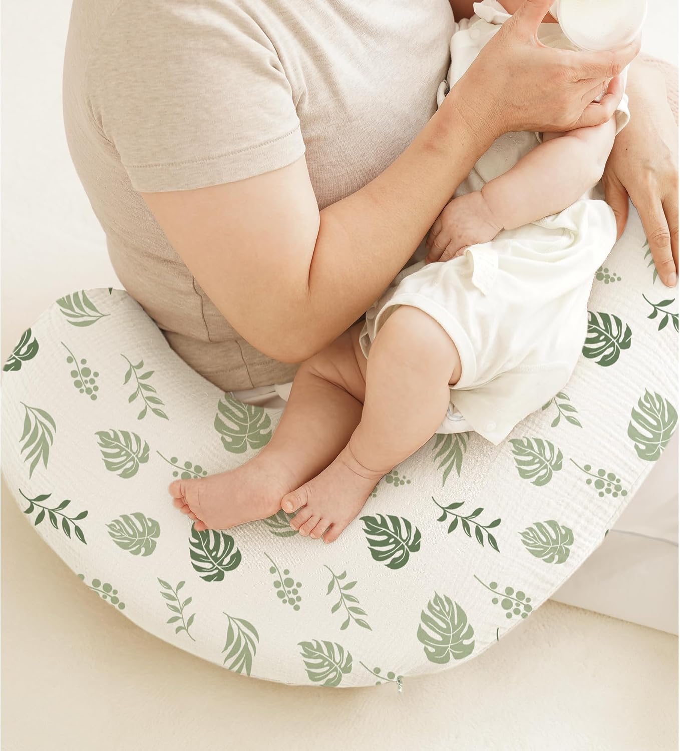 Muslin Nursing Pillow Covers, 2 Pack, Soft & Adorable Slipcovers with Zipper Closure, 100% Cotton Covers for Breastfeeding Pillows (Leaf, Green)