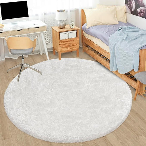 5x5 ft Tie Dye White Round Rug for Bedroom Room Fluffy Circle Rug Furry Carpet by JiaoBaba