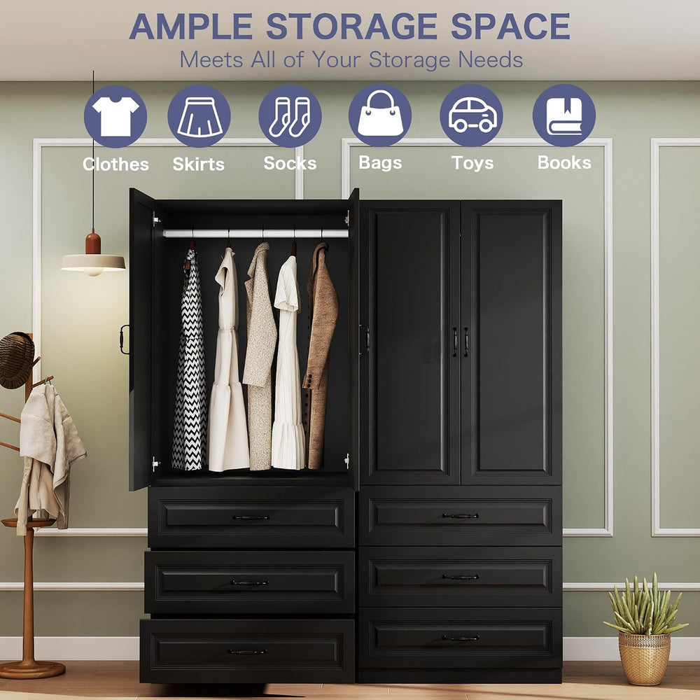 Black Wardrobe Closet with 9 Drawers and 6 Doors, 75" H x 95" W