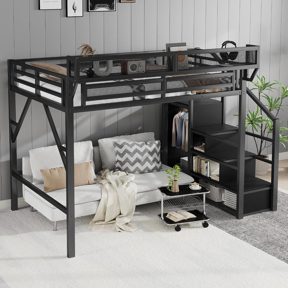 KEIKI Full Size Metal Loft Bed Frame with Convertible Staircase, Built-in Sto...