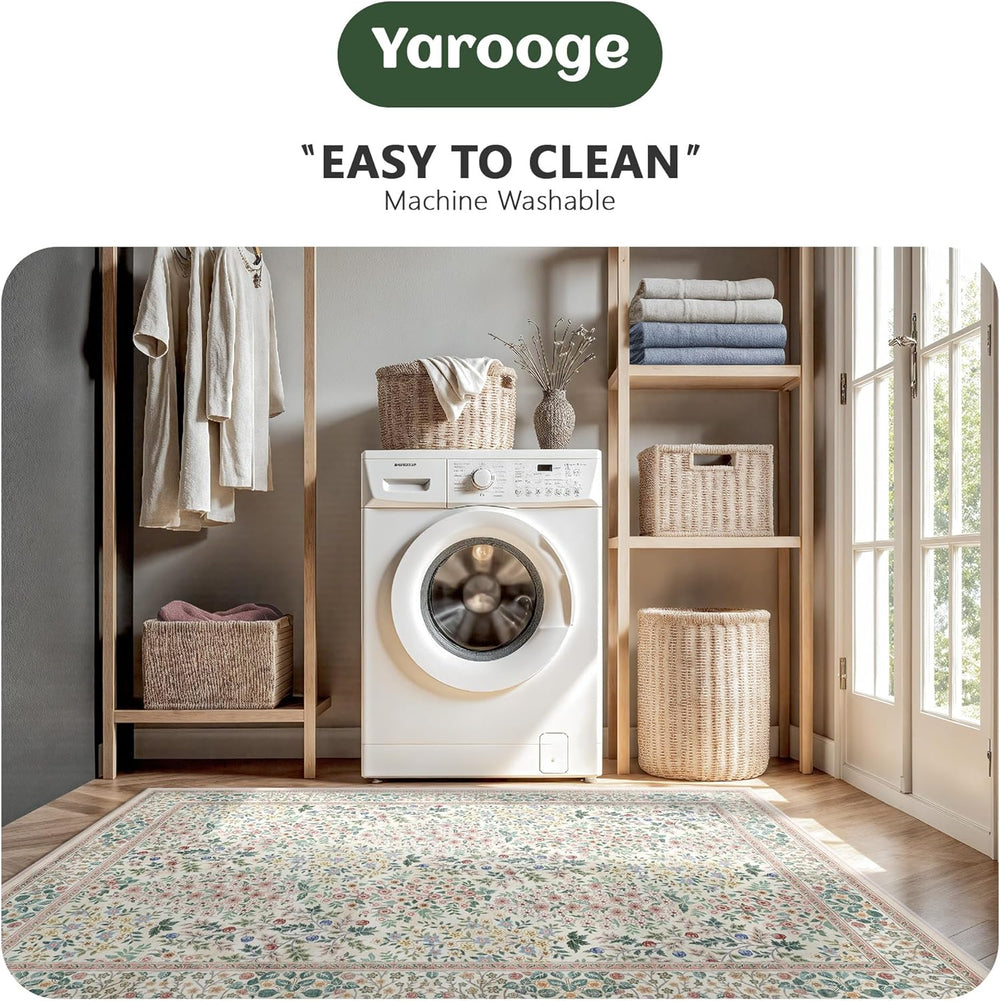 8x10 Area Rugs, Machine Washable Low Pile Floral Rugs for Living Room, Bedroo...