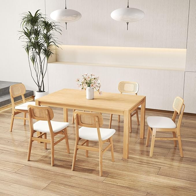 Rattan Dining Chairs Set of 2 White Lambswool Dining Room Chairs Natural Wood...