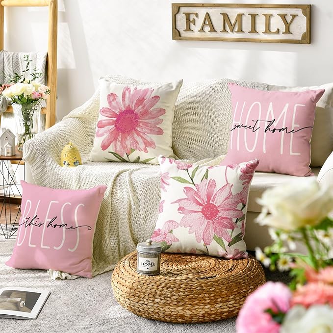 AVOIN colorlife Home Sweet Home Spring Summer Flowers Pink Throw Pillow Covers - Image 2