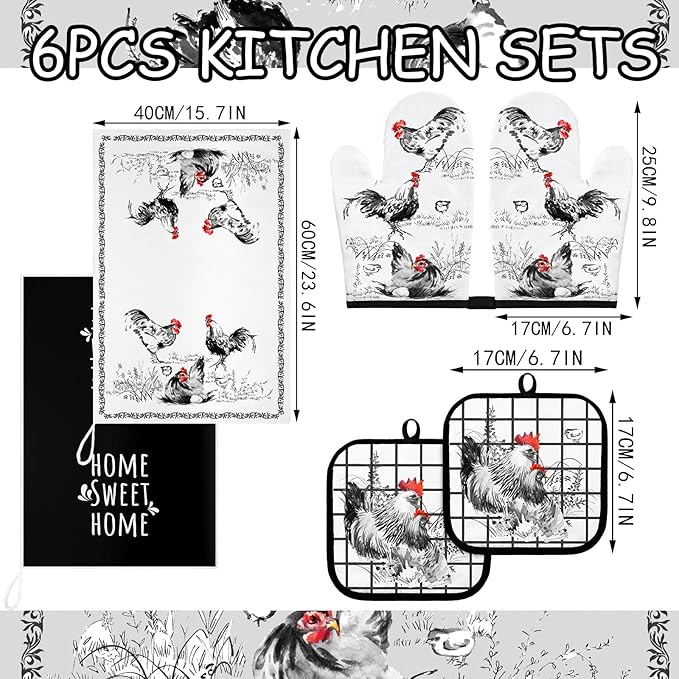 Leinuosen 6 Ink Rooster Farmhouse Kitchen Decor Dish Towels Oven Mitts and Pot - Image 3