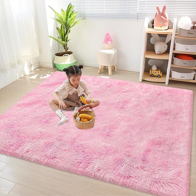 Tie-Dye Pink Fluffy Rug for Bedroom 4x6ft Soft Shag Area Rug Mat Bedside Throw - Image 2