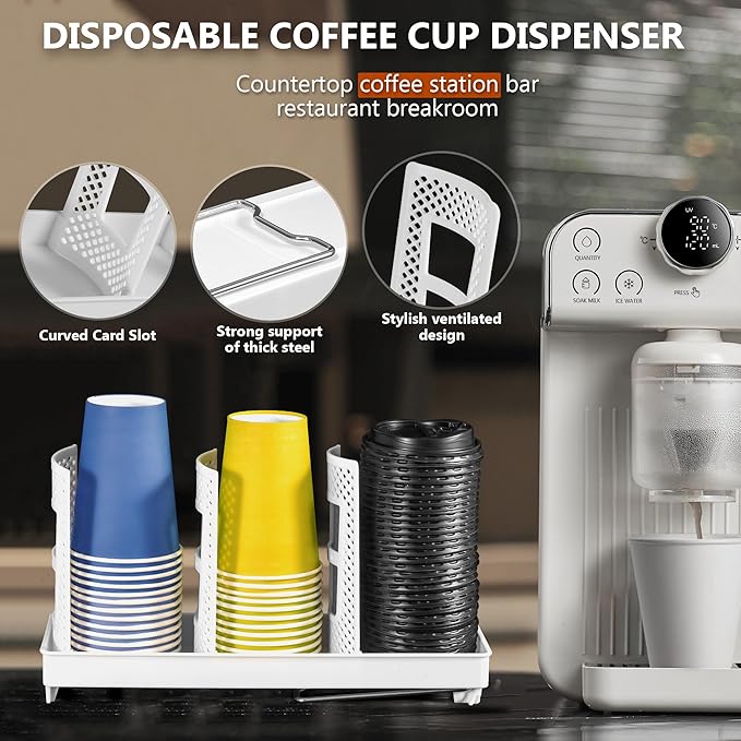 Paper Cup and Lid Holder, Disposable Coffee Cup Dispenser, 3-Slot Upright Paper - Image 3