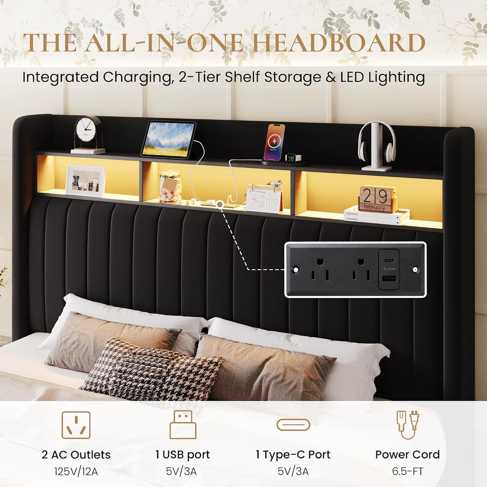 SHA CERLIN Full Size Platform Bed Frame / 2-Tier Storage Shelf/Velvet Wingbac...