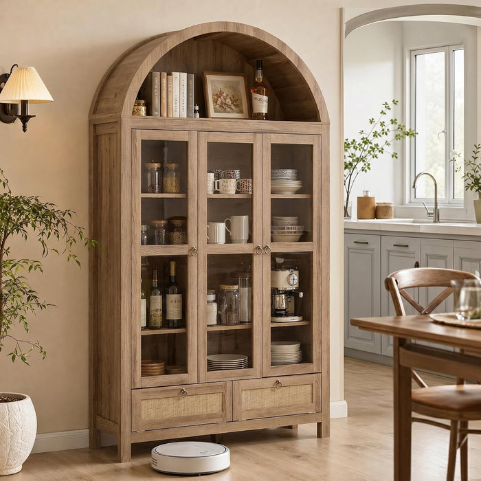 75'' Arched Cabinet Classic Farmhouse Design w/Three Glass Doors, Arch Cabinet w/Rattan Drawers and Anti-Tipping Device, Versatile Cupboard for Kitchen, Bathroom, Natural