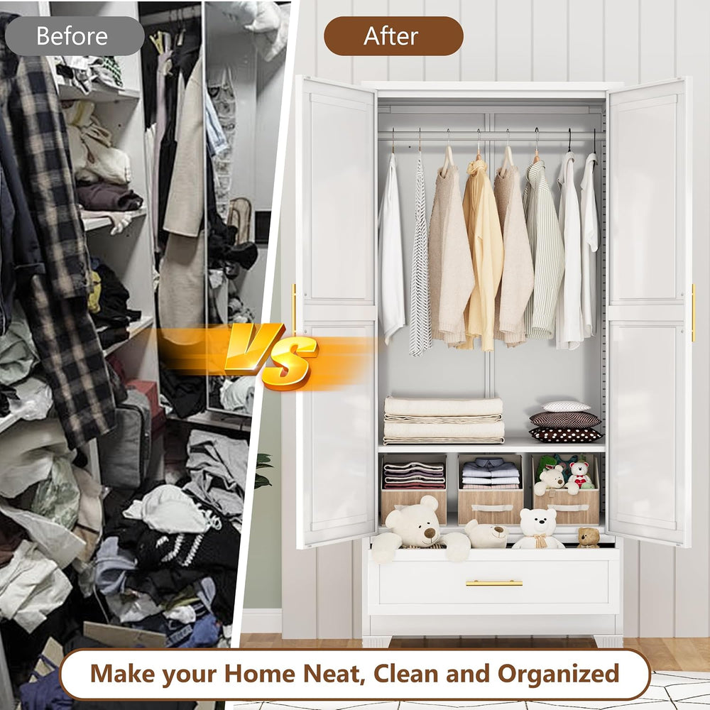 71" White Metal Tall Clothing Storage Armoire Wardrobe