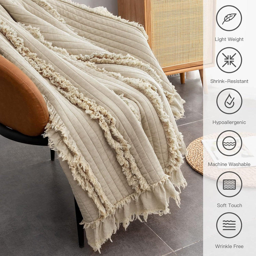 Ultra Soft Pre-Washed Quilted Boho Queen Size Blankets for Bed, Ruffle Fringe...