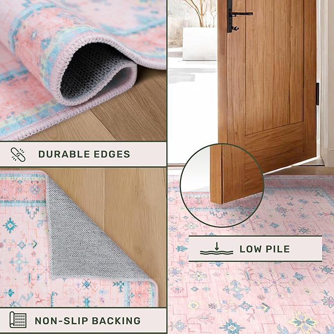 Washable Pink and Blue 6x9 Oushak Rugs - Image 6