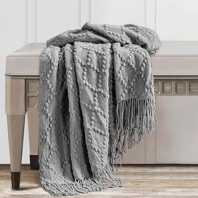 BOURINA Light Grey Throw Blanket 50 x70 Inches Jacquard Argyle Throw Textured - Image 5