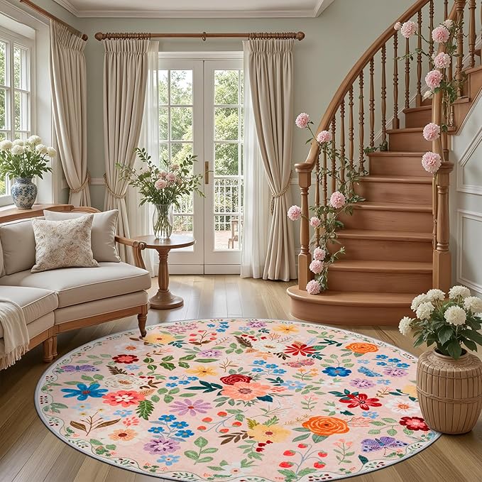 Round Area Rug for Living Room: 6 ft Floral Washable Circle Rug Soft Boho - Image 2