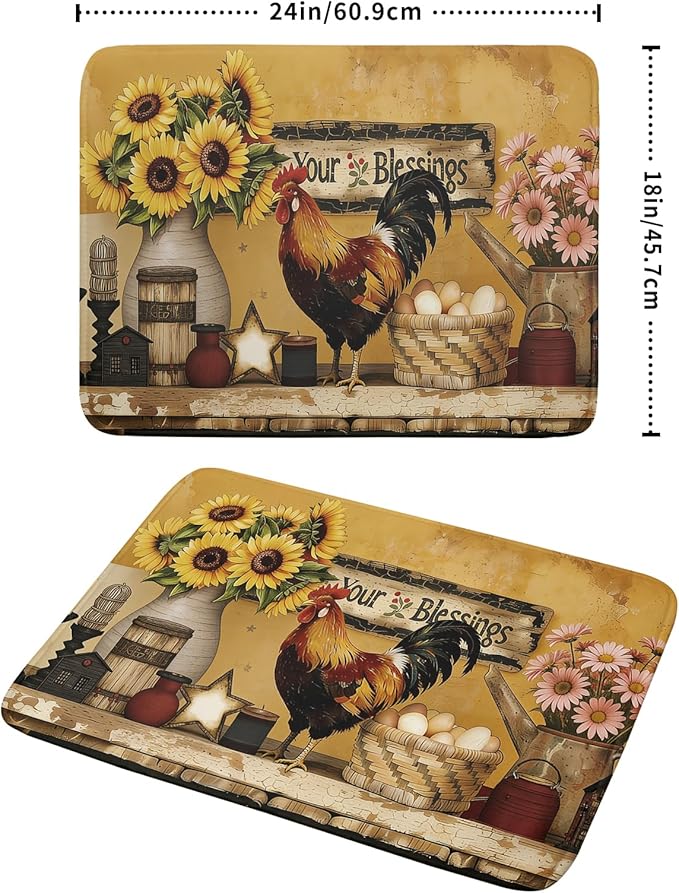 Giwawa Farmhouse Rooster Dish Drying Mat Vintage Chicken Sunflowers Dish - Image 2